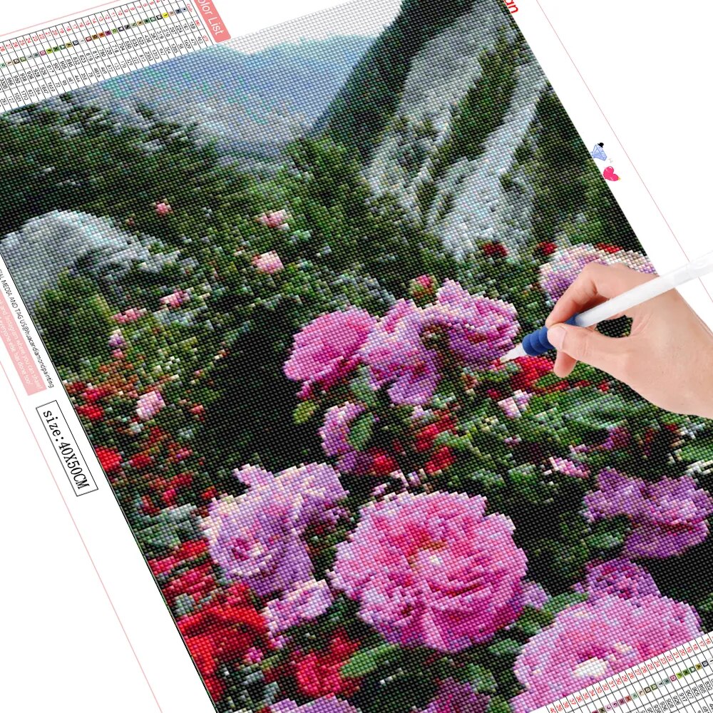 Pink Floral Mountainside 5D Diamond Art Kit