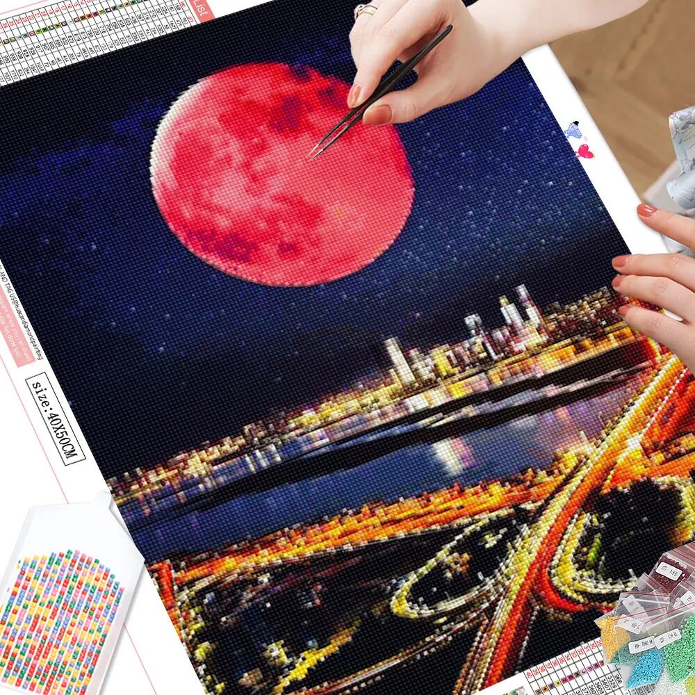 Red Moon City Night Sky 5D Diamond Art Kit
