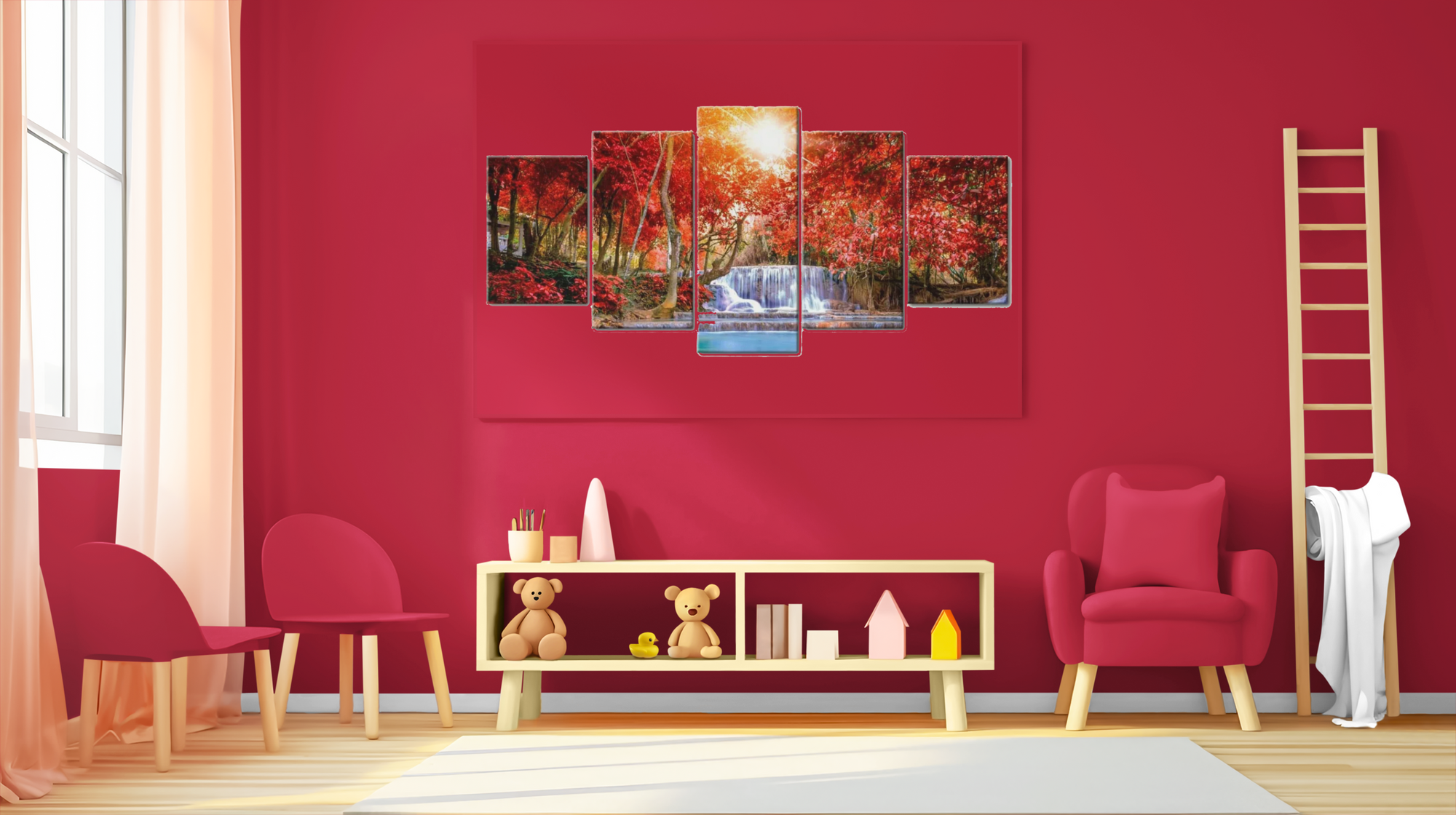 Multi-Canvas Red Forest Waterfall 5D Diamond Art Kit