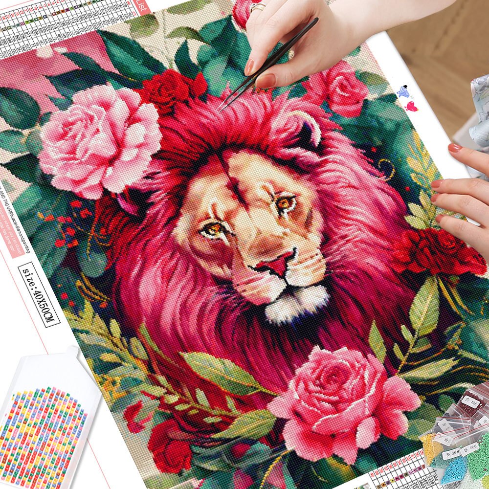 Pink Floral Lion 5D Diamond Art Kit