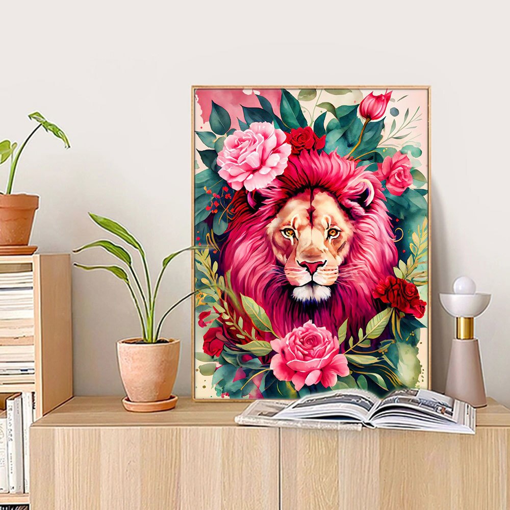 Pink Floral Lion 5D Diamond Art Kit