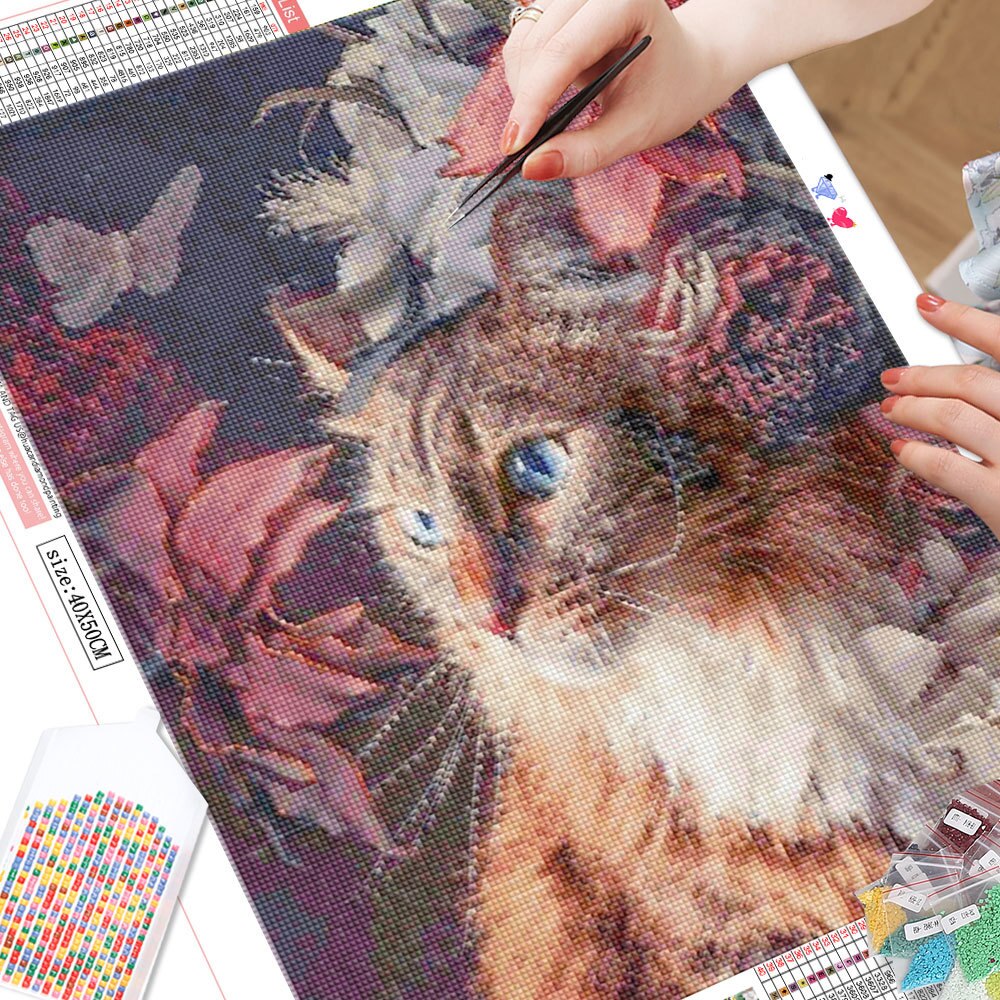 Beautiful Floral Kitty 5D Diamond Art Kit